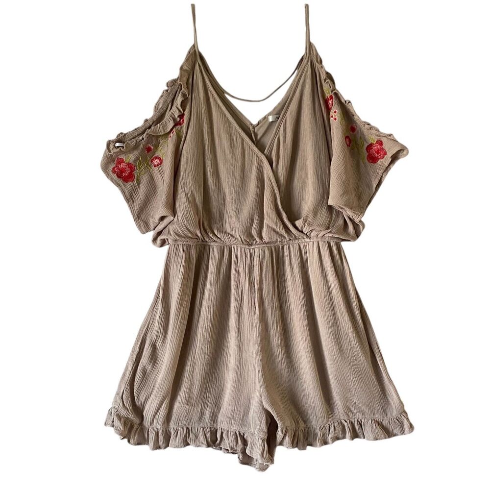 Boho Romper Papaya Medium‎ Beige Floral Embroidery  Cold Shoulder Sleeve